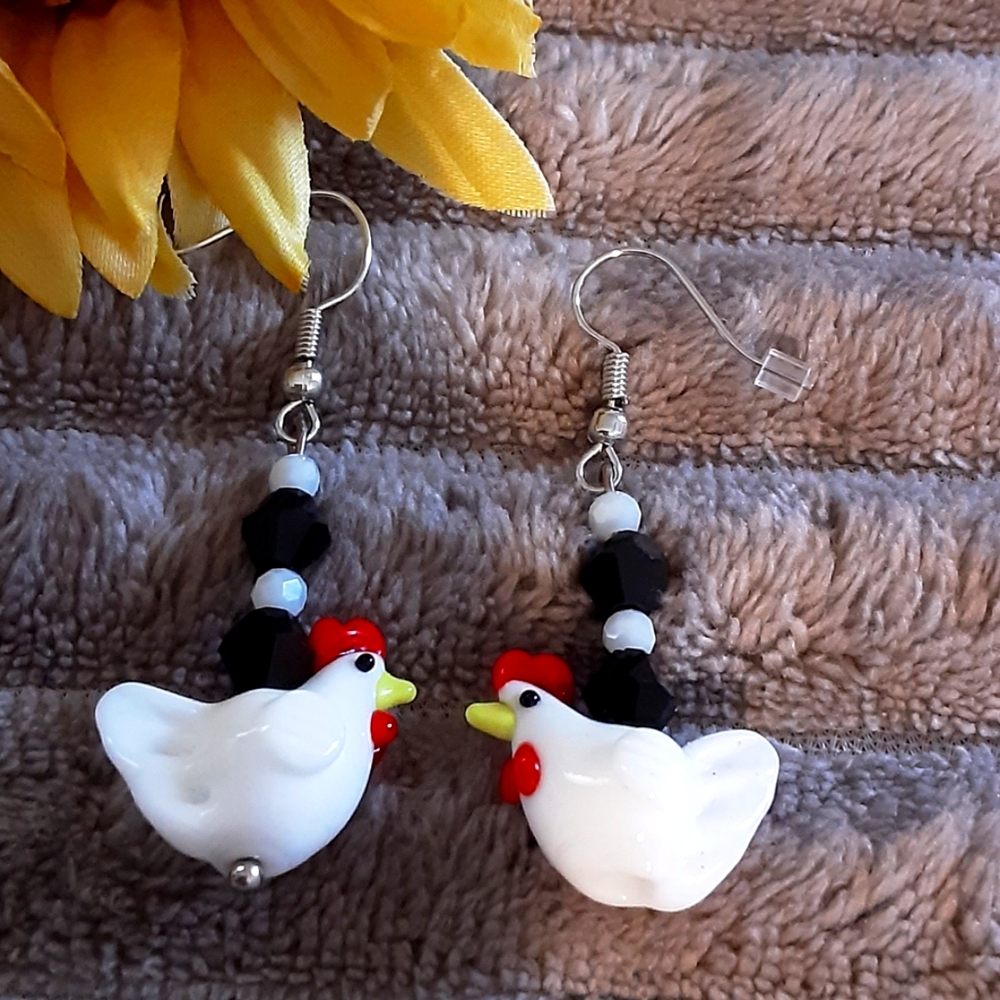 Hand Crafted Chicken  Lampworks Bead EarringsWhite And Black  Pierced